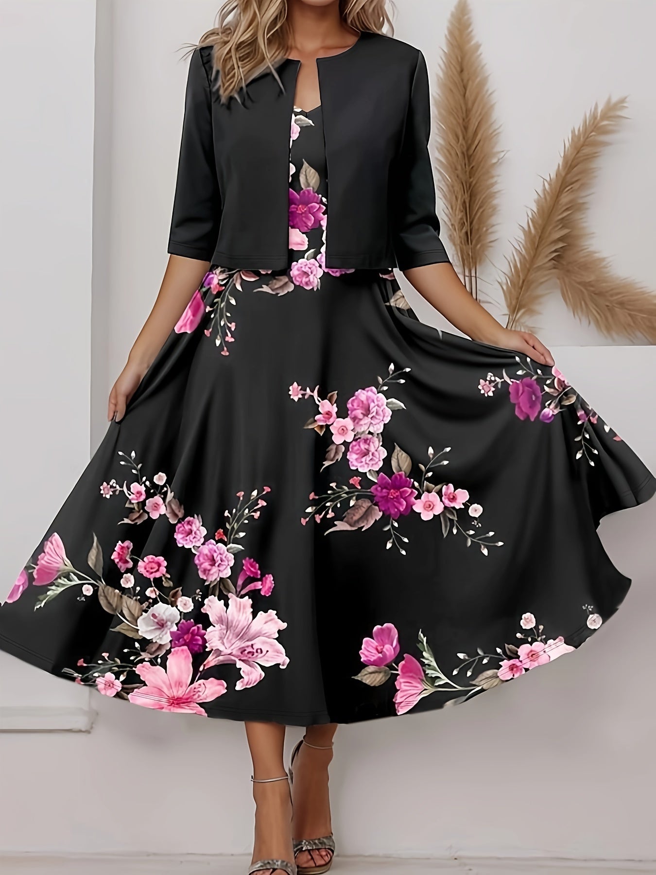 2023 Black Floral Printed Vintage Jurken Long Sleeve Hepburn Dress 1950s 60s 70s Rockabilly Swing Pinup Women Vestidos for Party