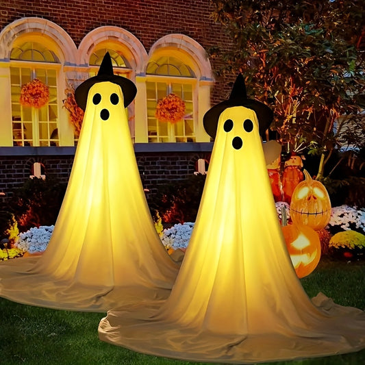 2 Pack Halloween Outdoor Decoration, Cute Halloween Interior, Ghost Halloween Decoration With Wizard Hat, Scary Ghost Decoration With String Lights, Perfect For Porch Yard Garden Home