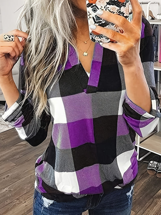 V-neck plaid printed casual long-sleeved shirt