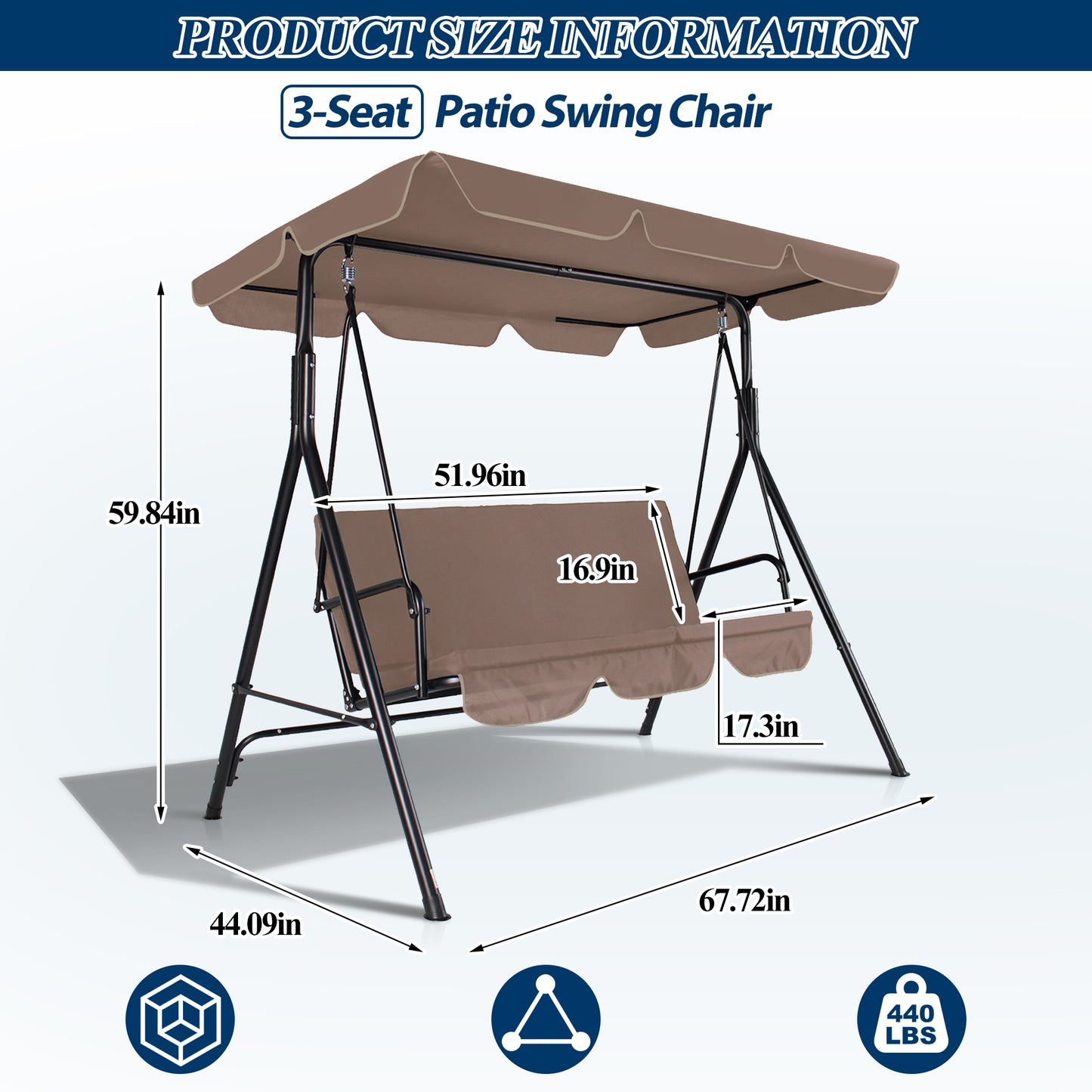 COVERONICS 3-Seat Outdoor Porch Swing, Patio Swing Chair with Adjustable Canopy & Durable Metal Frame, Garden Swings Chair with Removable Cushions for Backyard, Terrace, Lawn