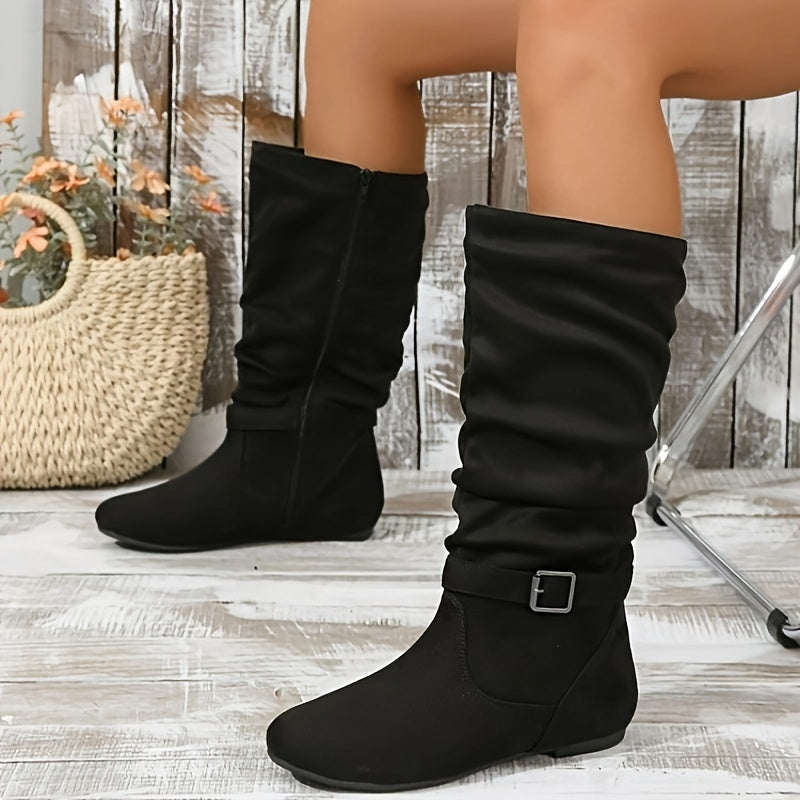 Retro Style Women's Knee High Boots: Zip Closure, Round Toe, French Heel, Rubber Sole, and Soft Fleece Lining