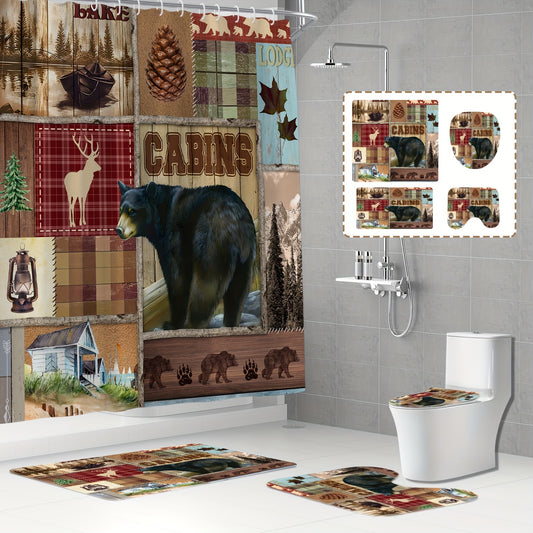 Cabin Shower Curtain Set Red Buffalo Plaid Bear Deer Elk Moose Cabins