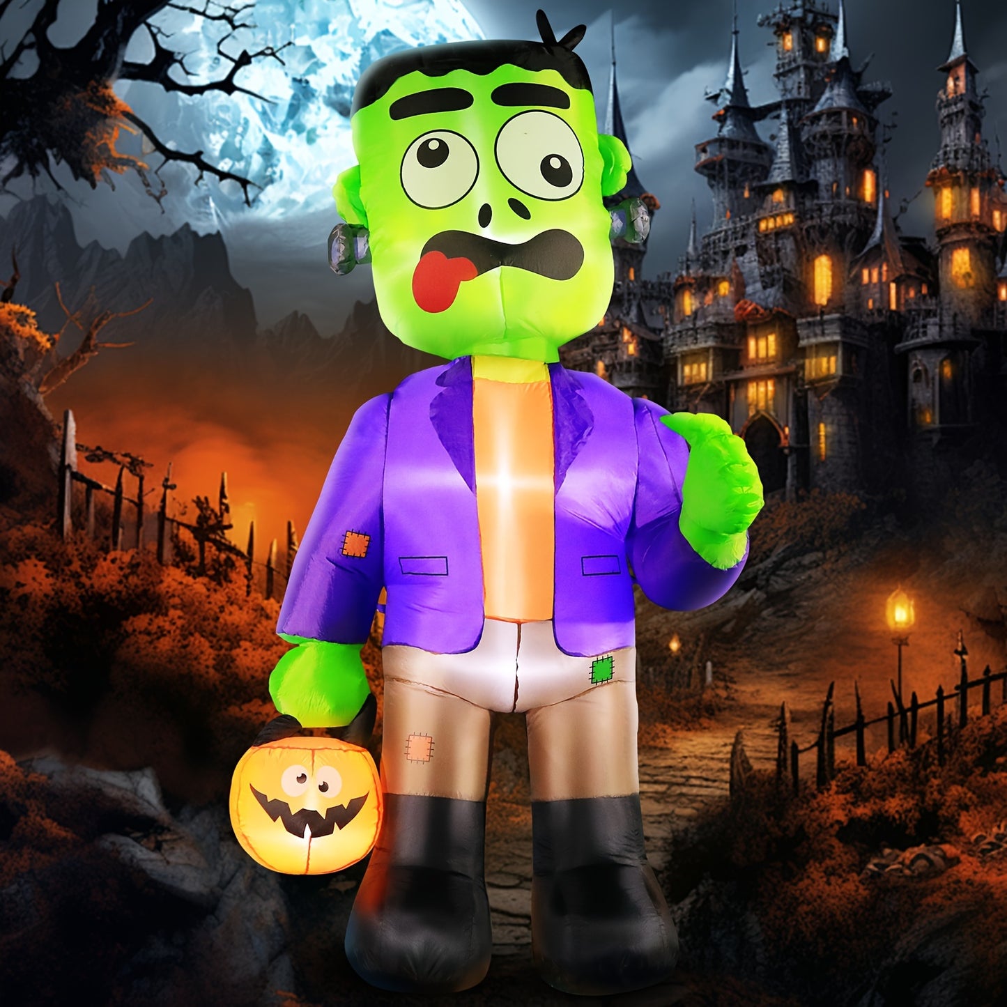 Halloween Inflatable Blow Up Decorations, 8FT Green Zombies Holding Pumpkin, Built-in LEDs For Holiday Party, Garden, Lawn, Yard, Patio Décor