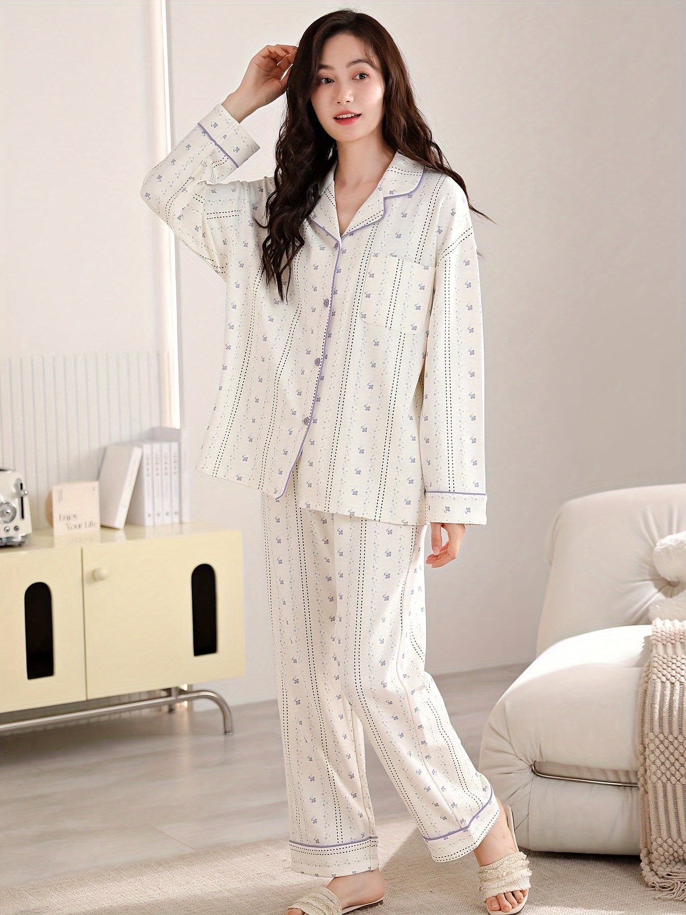 Women's Floral & Stripe Print Elegant Pajama Set, Long Sleeve Buttons Lapel Top & Pants, Comfortable Relaxed Fit For Fall