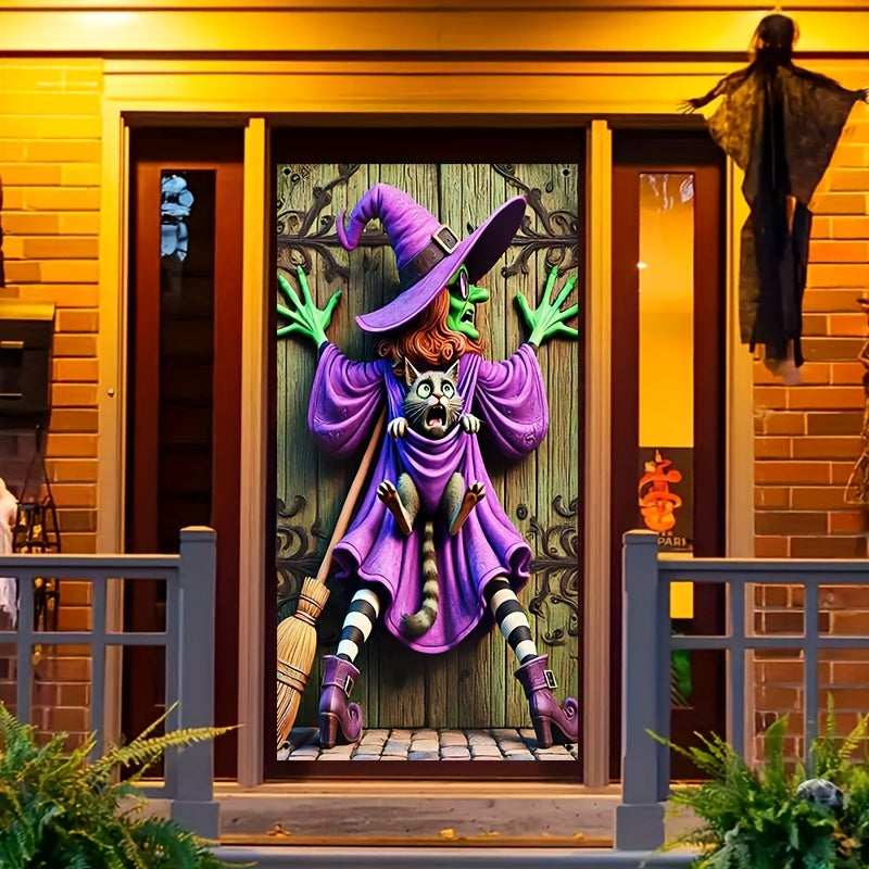 Halloween Witch and Black Cat Door Cover – 100% Polyester Hanging Banner for Home and Party Decor, Multipurpose Use, No Electricity Needed, by HEGO – 35.43 x 70.86 Inch, Holiday Party Supplies for Indoor Multipurpose Decoration