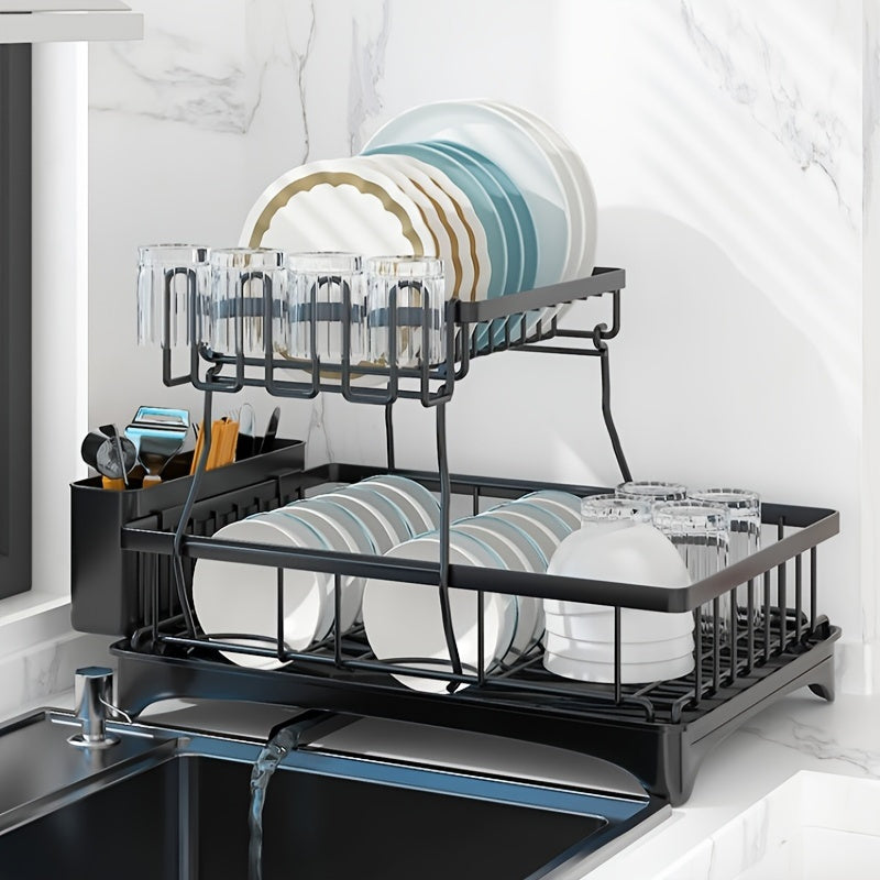 1 dish rack, double space saving dish drying rack with drain board and cutlery holder, multifunctional large capacity dish storage organization for kitchen counters, kitchen organization and storage, kitchen accessories