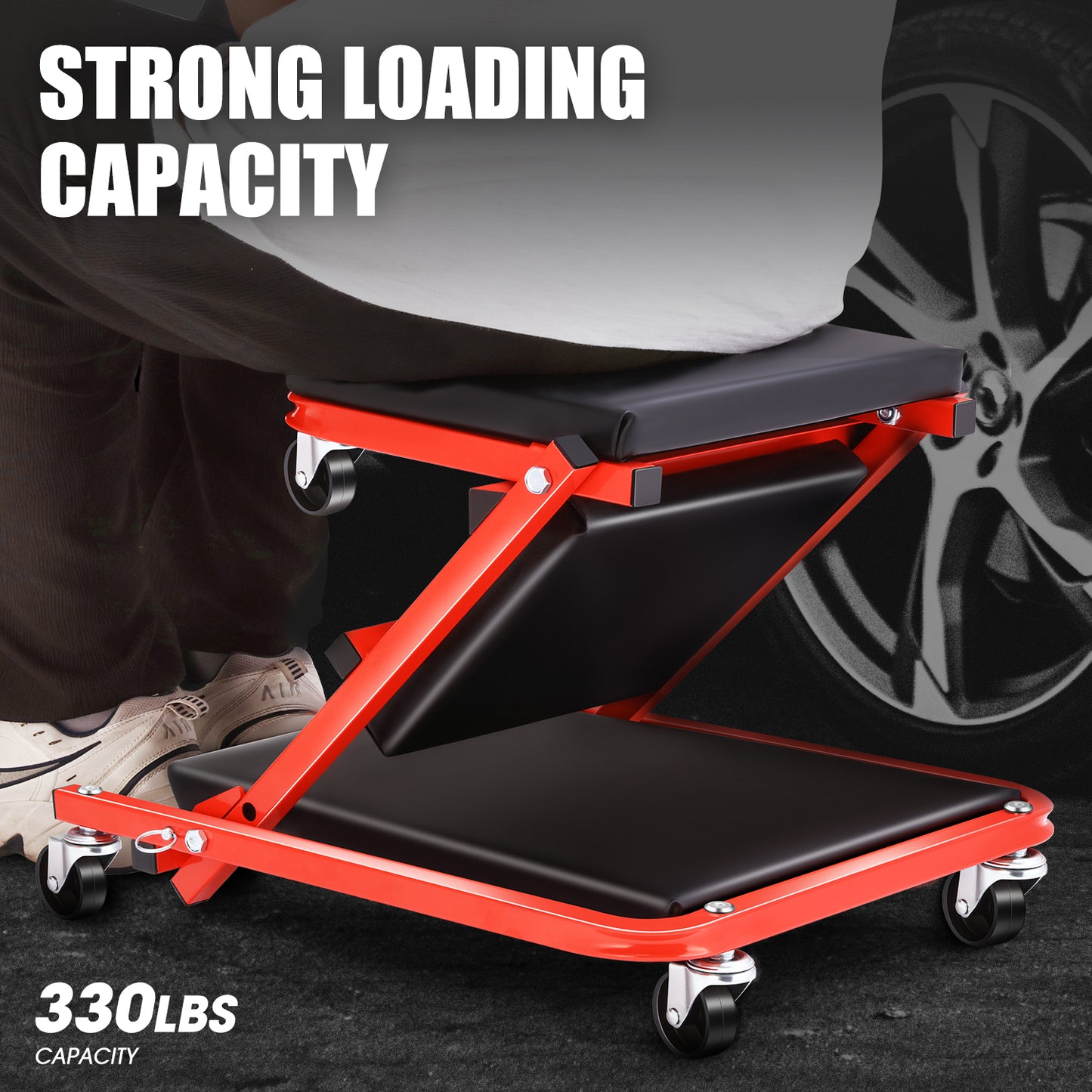 DNA Motoring 36 Inches 2 IN 1 Rolling Folding Car Creeper Seat 6 Pcs 2" Casters Red