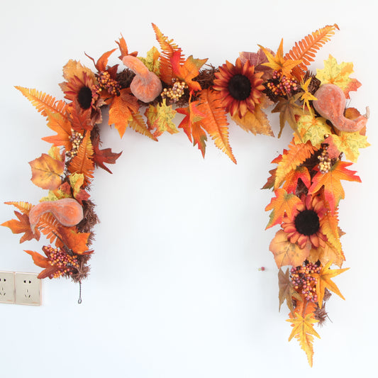 Autumn Harvest Festival Garland with Sunflowers, Pumpkins, and Maple Leaves - Classic Style, Metal & Plastic, Unlit, No Electricity Required, Feather-Free, Home Decor for Thanksgiving & Halloween Parties