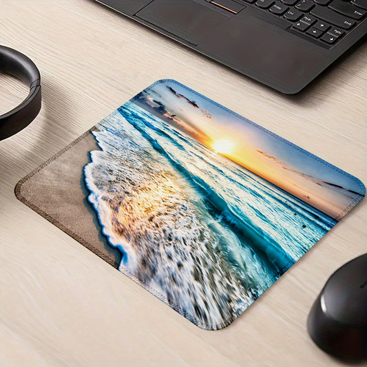 Charming Beach-Themed Square Mouse Pad with Non-Slip Rubber Base and Stitched Edges - Washable, Perfect for Computers, Laptops & Office Use