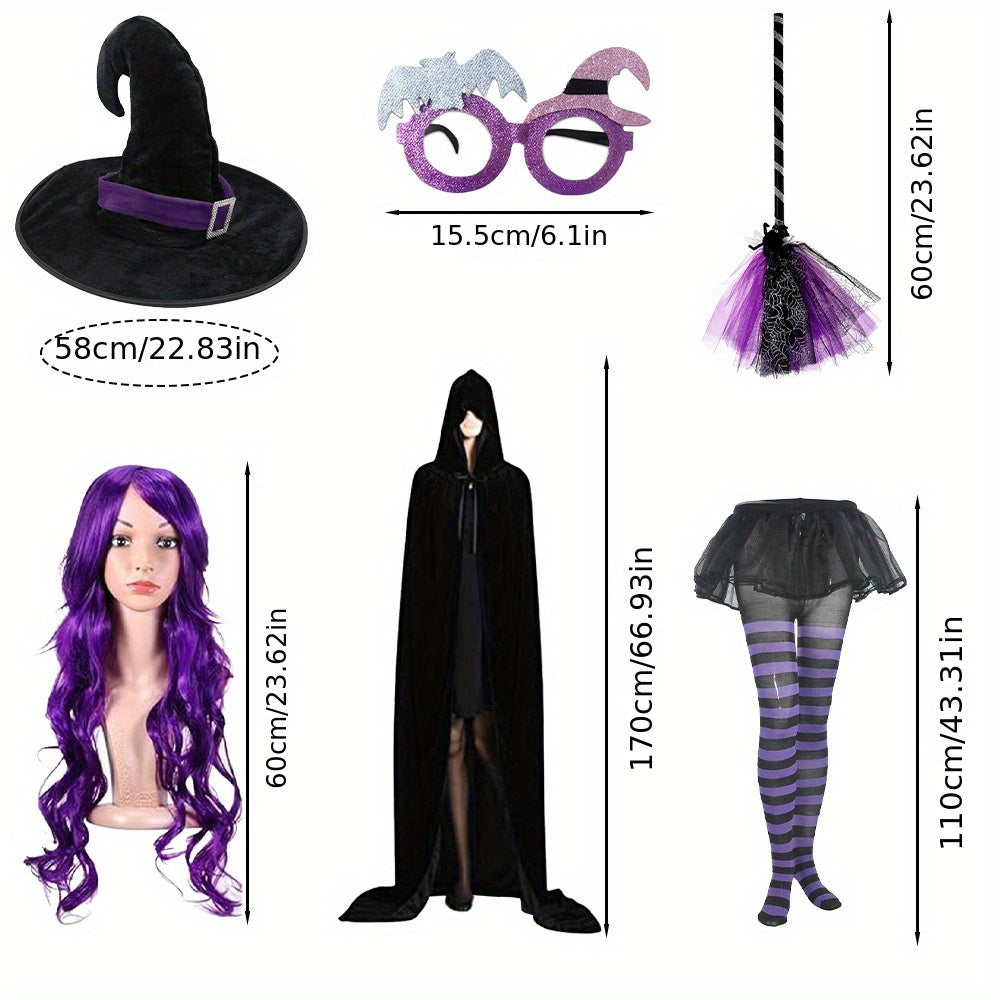 ESENAR Adult Witch Costume Set for Women - Boho Style Polyester and Spandex Hooded Cape Dress with Necklace, Broomstick, Striped Tights, Wizard Hat, and Wig - Complete Halloween Outfit Kit