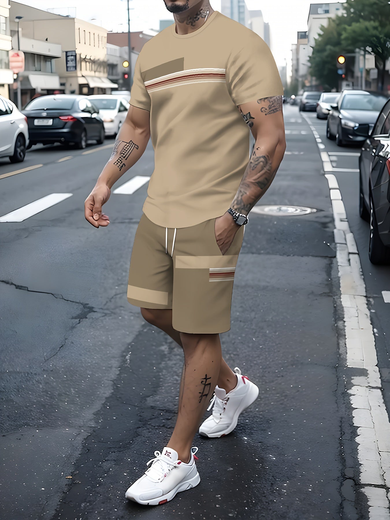 2-piece Men's Novelty Color Blocked Summerco ord set, Men's Short Sleeve Crew Neck T-shirt & Drawstring Shorts With Pockets