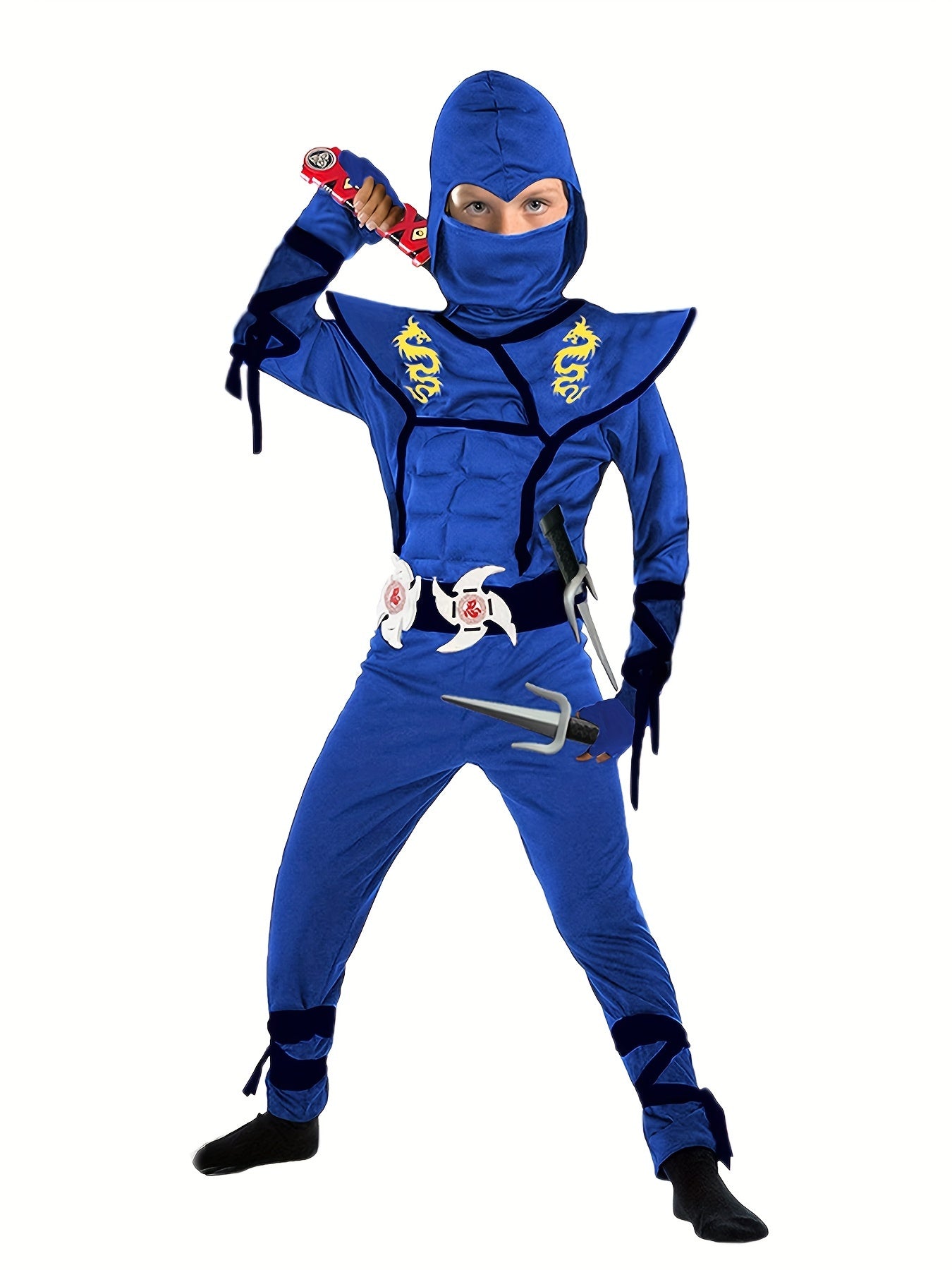 Deluxe Ninja Costume Set for Boys, Muscle Ninja Outfit with Geometric Pattern, Halloween Role-Play, Polyester Spandex Blend, Over 3 Years Old