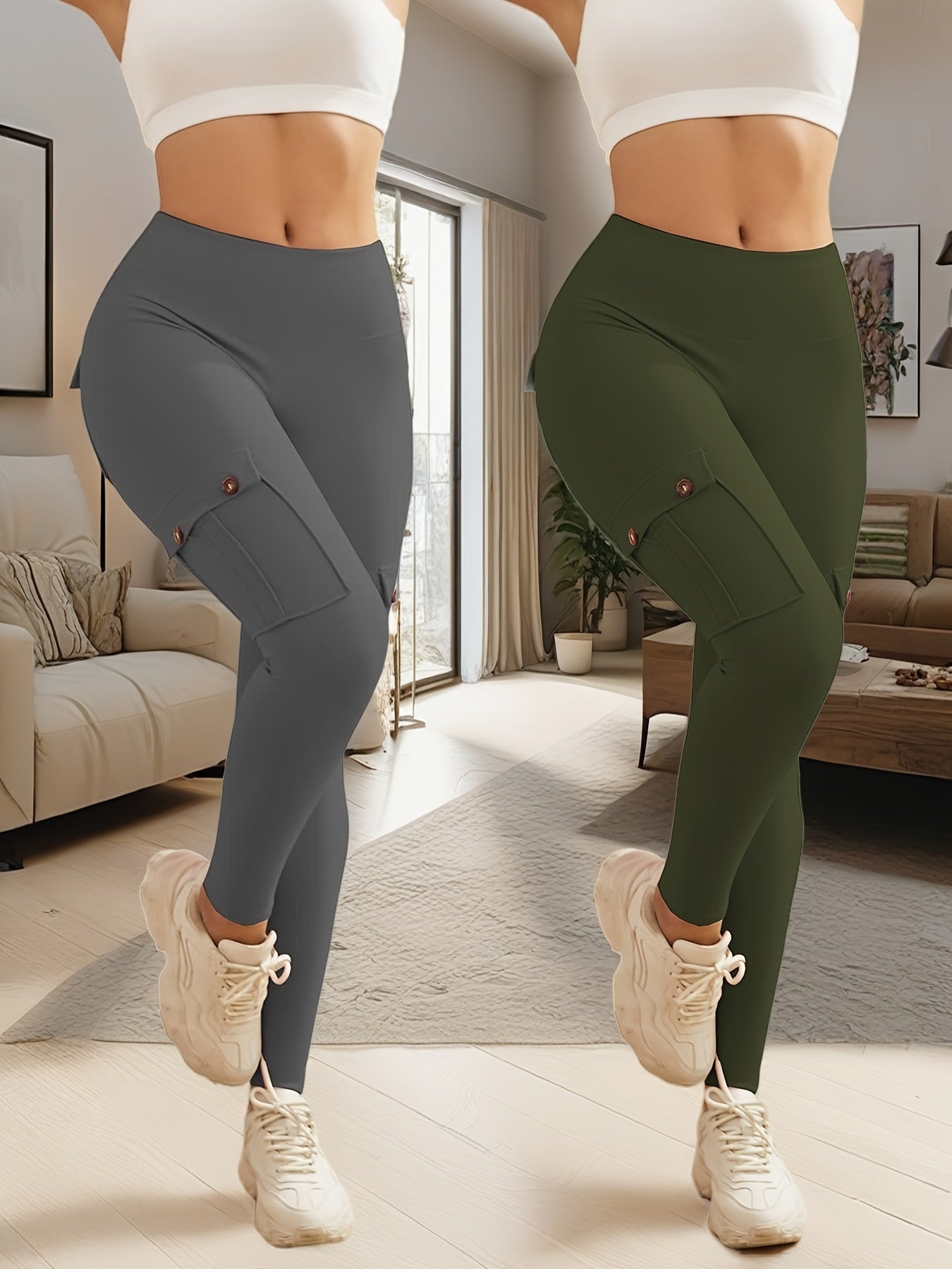 2-Pack High Waist Yoga Leggings With 4 Buttoned Pockets, Tummy Control, Lift Butt, Fitness Pants For Running And Gym