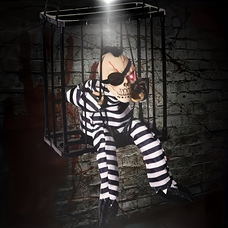 1pc, Halloween Animated Hanging Prisoner Cage Decor, Sound And Light Up Eyes, 9.06inch Sensor-Activated Jail Ghost With Striped Prison Outfit And Leopard Print, Plastic And Fabric, Perfect For Haunted House, Bar, Dance Party Decoration