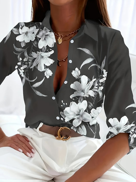 Women's Casual Shirt Blouse Summer Long Sleeve Blouses Graphic Abstract Button Floral Print Loose Daily Basic Shirts Streetwear