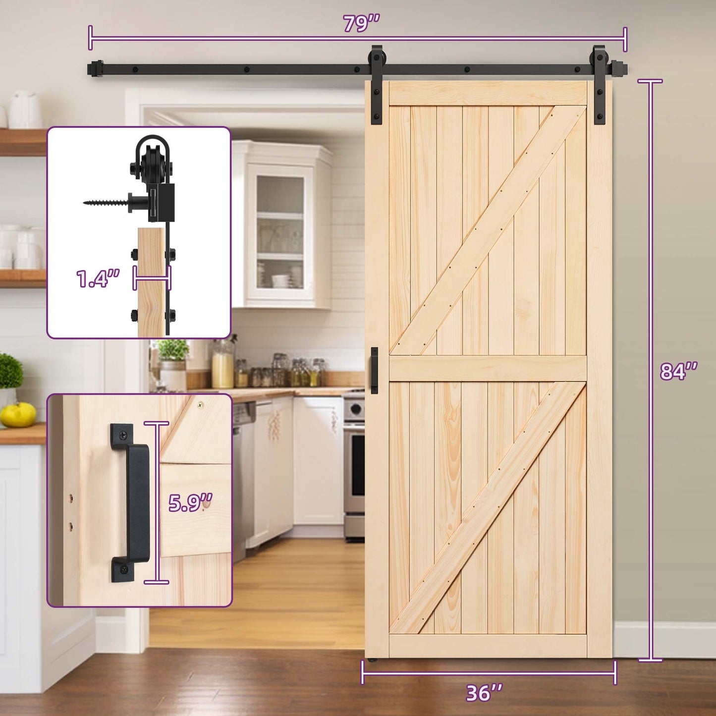 EaseLife 32in x 84in Sliding Barn Door with 5.5FT Barn Door Hardware Kit & Handle Included,DIY Assemblely,Easy Install,