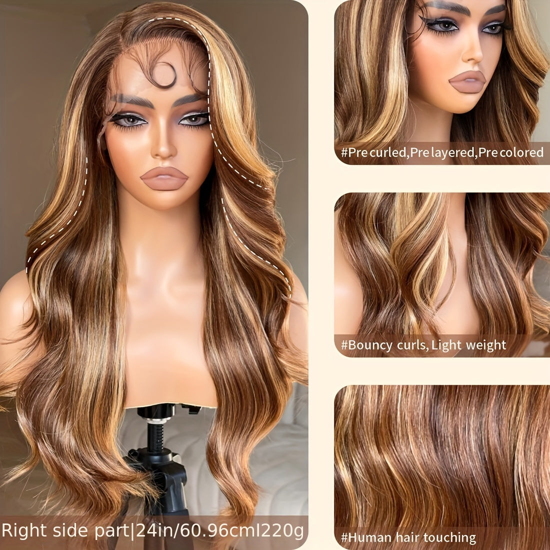 Honey Blonde Lace Front Women Wigs Body Wave Synthetic 13x5x1 Lace Frontal Wig Pre Plucked Glueless Wig For Women 4/27 Highlight Ombre Honey Blonde Wig Side Part Wig 24inch Bombshell Wig