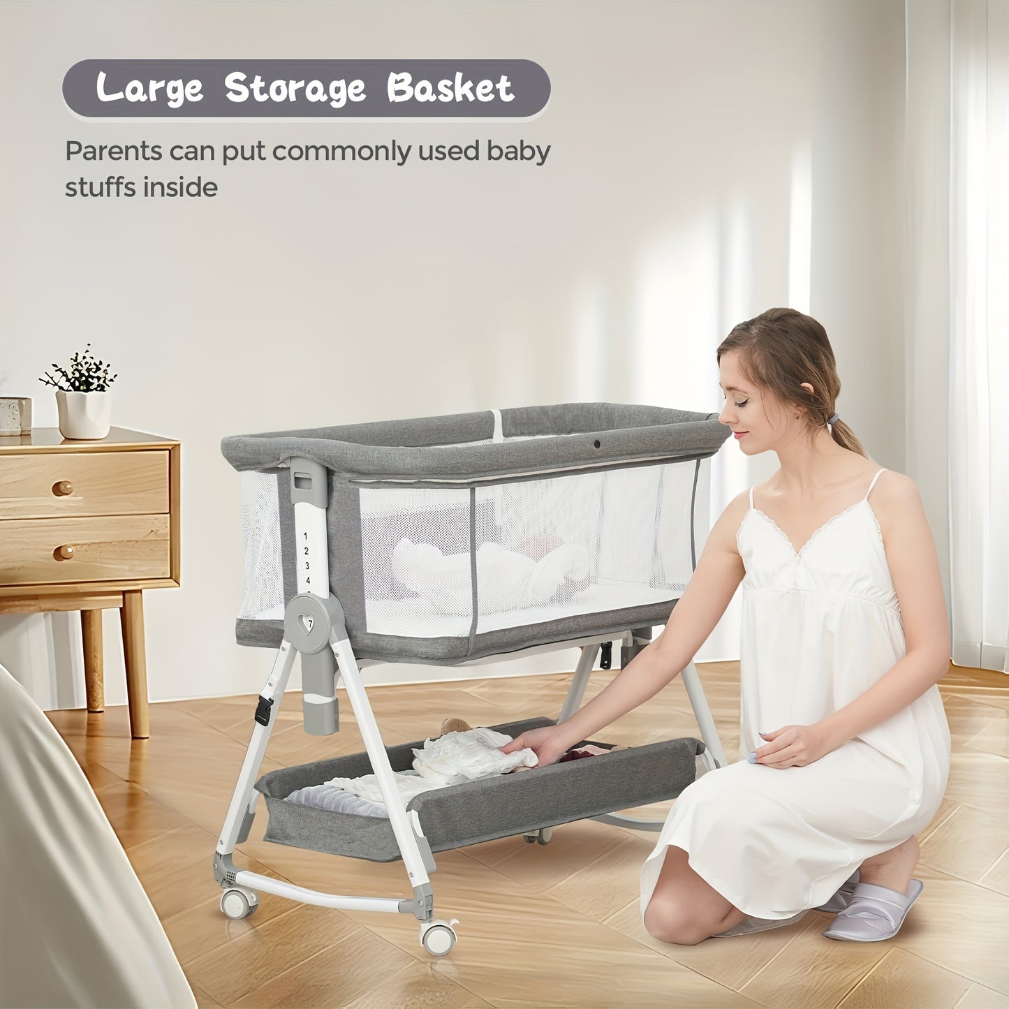 Baby Bassinet, 3 in 1 Bedside Bassinet for Baby with Hanging Toys, Portable Foldable Baby Bassinets Bedside Sleeper, 4-Sided Mesh Bedside Crib with Wheels and Storage Basket, 7 Height Adjustable   Grey