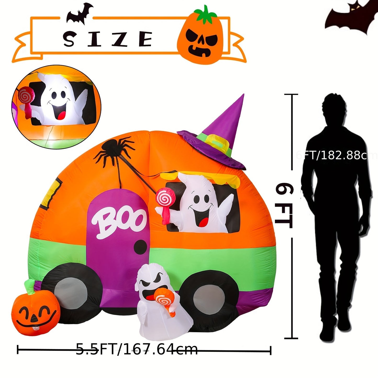 Halloween Inflatable Yard Decorations, 6Ft Tall Blow Up Ghost Bus With Spider, Pumpkin, Witch Hat, Light Up Holiday Inflatables Decorations For Indoor Outdoor, Party, Garden, Lawn