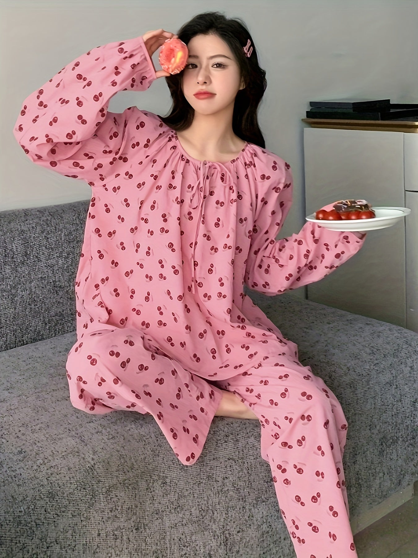 Charming Cotton Cherry Print Pajama Set with Ruffle Neckline and Long Sleeves