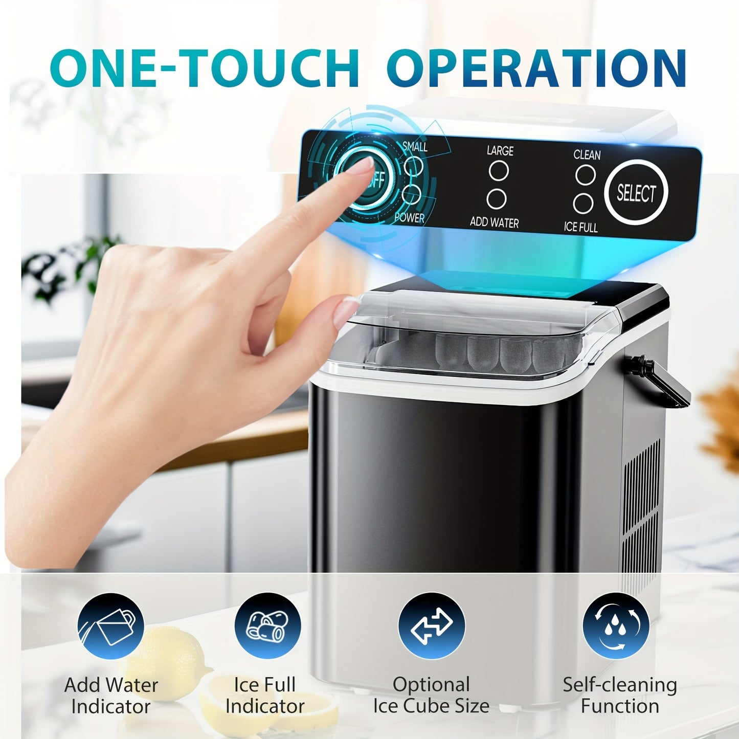 DUMOS Countertop Ice Maker, Portable Ice Machine Self-Cleaning, 9 Cubes in 6 Mins, 26.5lbs/24Hrs, 2 Sizes of Bullet Ice,with Ice