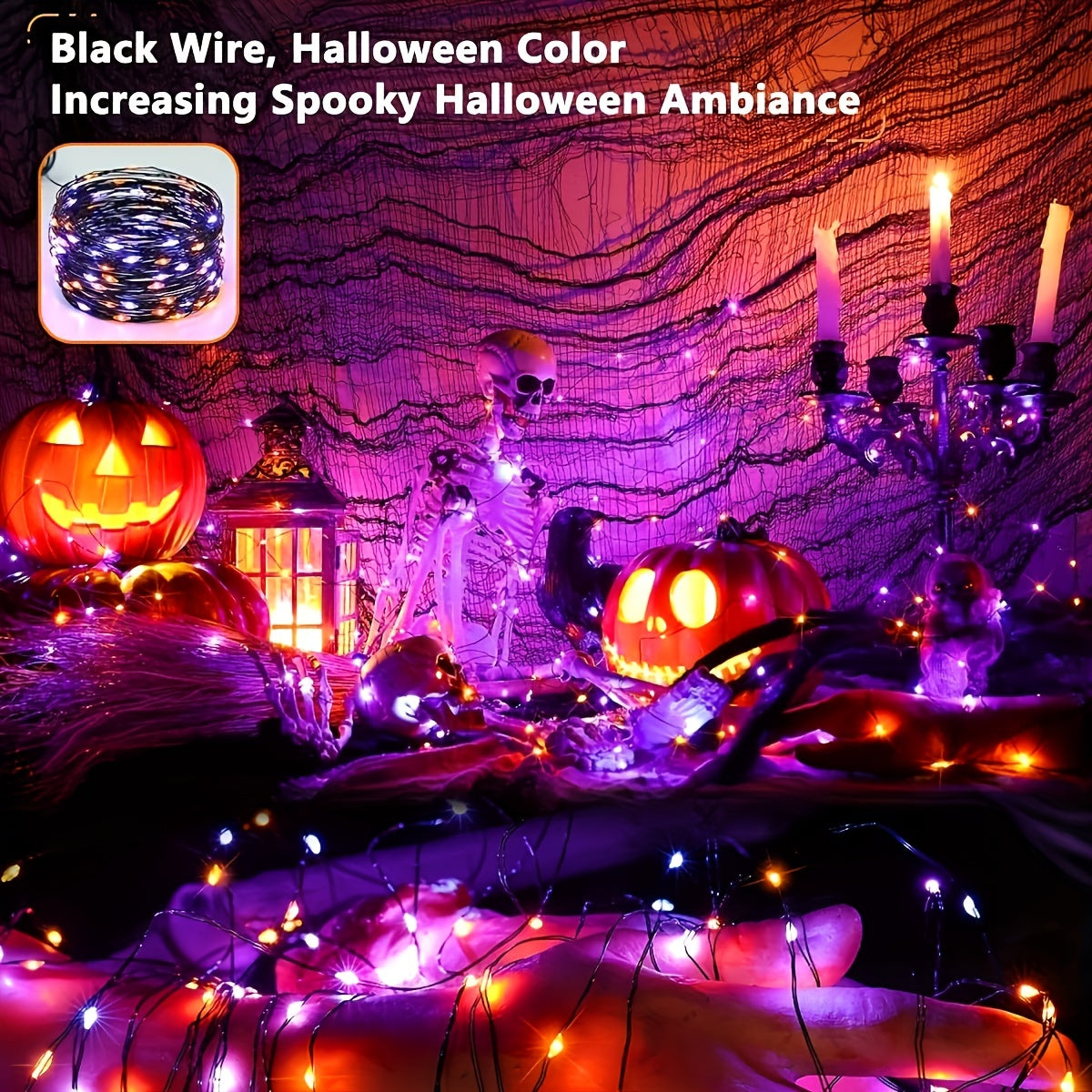 2 Pack Orange & Purple Halloween Lights, Total 69ft 240 LED Orange Lights, Purple Solar Halloween Lights 8 Modes, Outdoor Twinkle Orange Halloween String Lights For Halloween Party DIY Decor, Black Wire