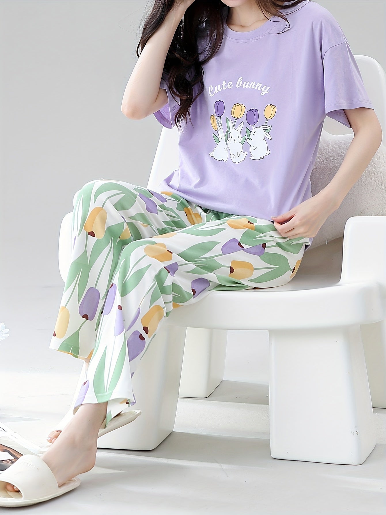 Cozy Cotton Pajama Set For Women - Floral & Bunny Print, Short Sleeve Top With Long Pants, Casual Loungewear For Spring/Fall