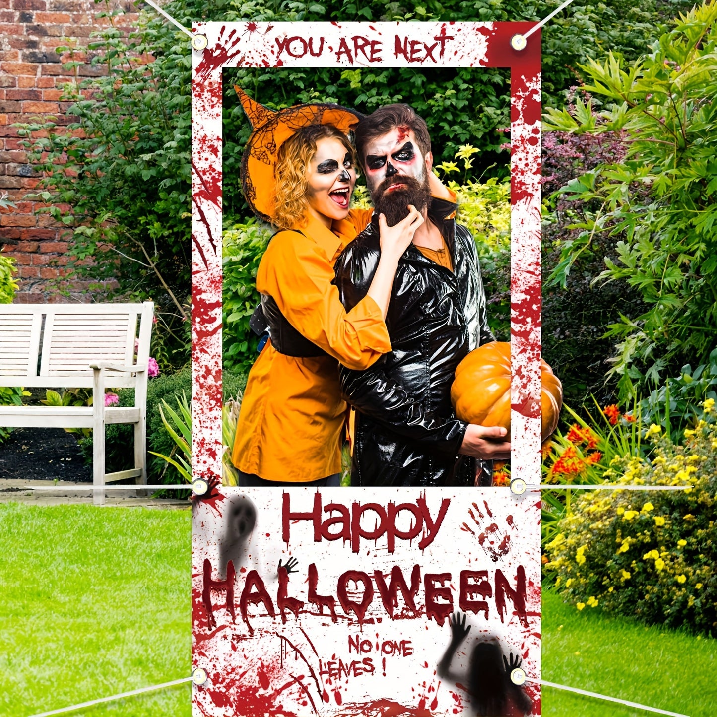 Spooky Halloween Photo Booth Banner - Polyester Bloodstained Handprints Theme - Versatile Hanging Decor For Scary Parties - Ghostly 'Happy Halloween' Door Curtain - No Power Needed