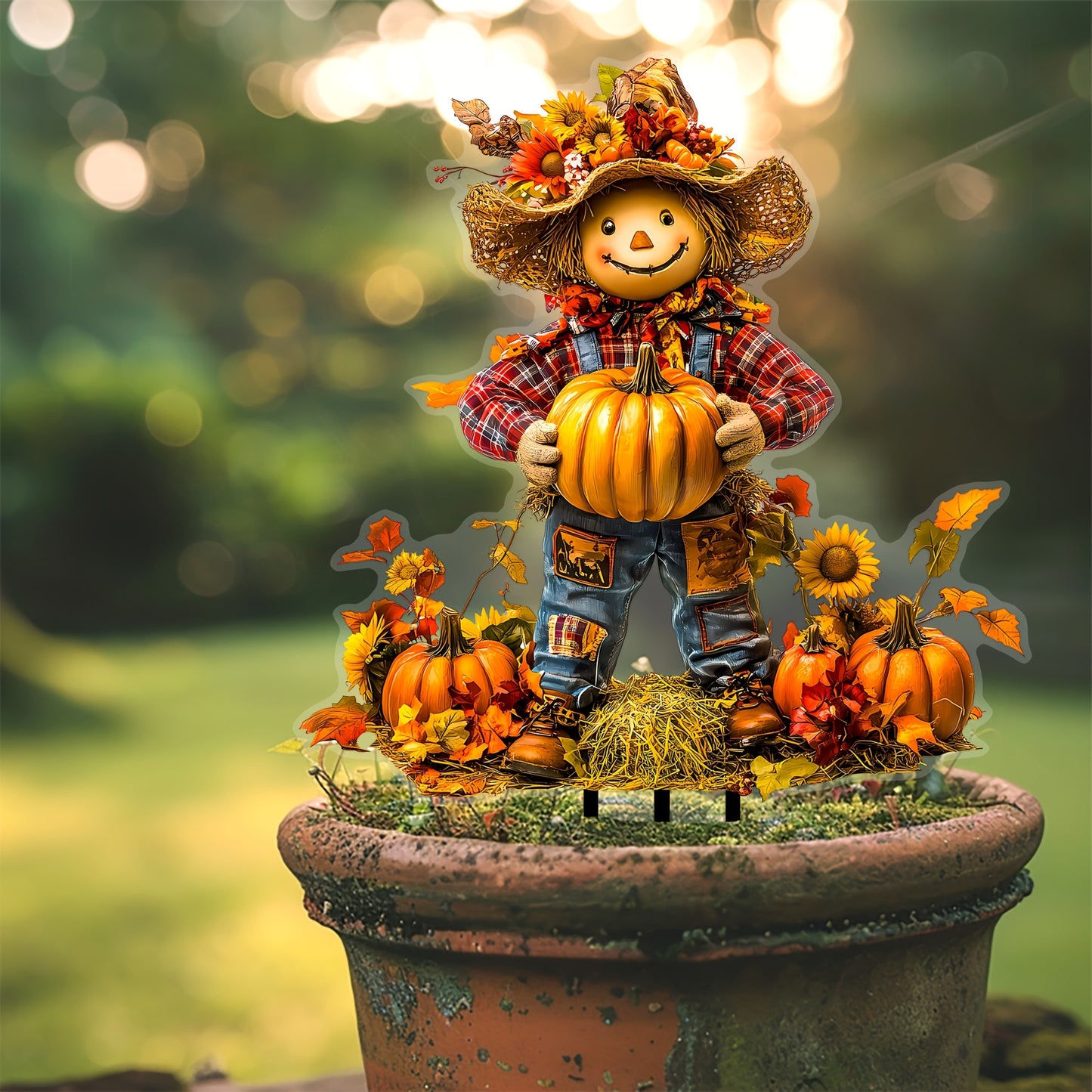 Charming Scarecrow & Pumpkin Garden Stake - Acrylic, Fall Harvest & Thanksgiving Theme, Versatile Outdoor Yard Art Decor, Perfect for Flower Pots & Displays, Ideal Gift