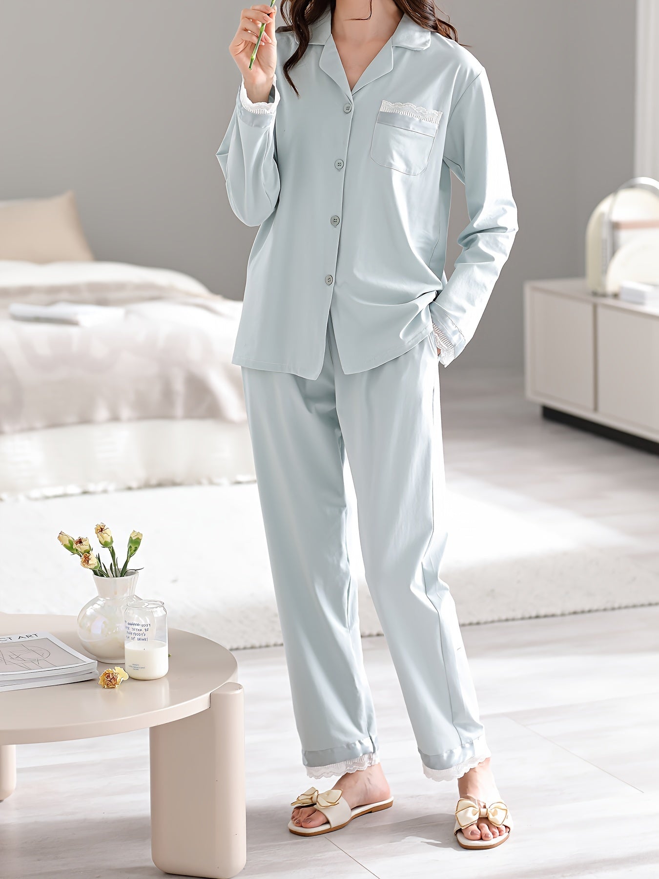 Women's Long Sleeve Pajama Set, Casual Loungewear, Loose Fit Top And Pants, Comfortable Button-up Sleepwear, Simple Style Homewear - Ideal For Home & Outdoor Use