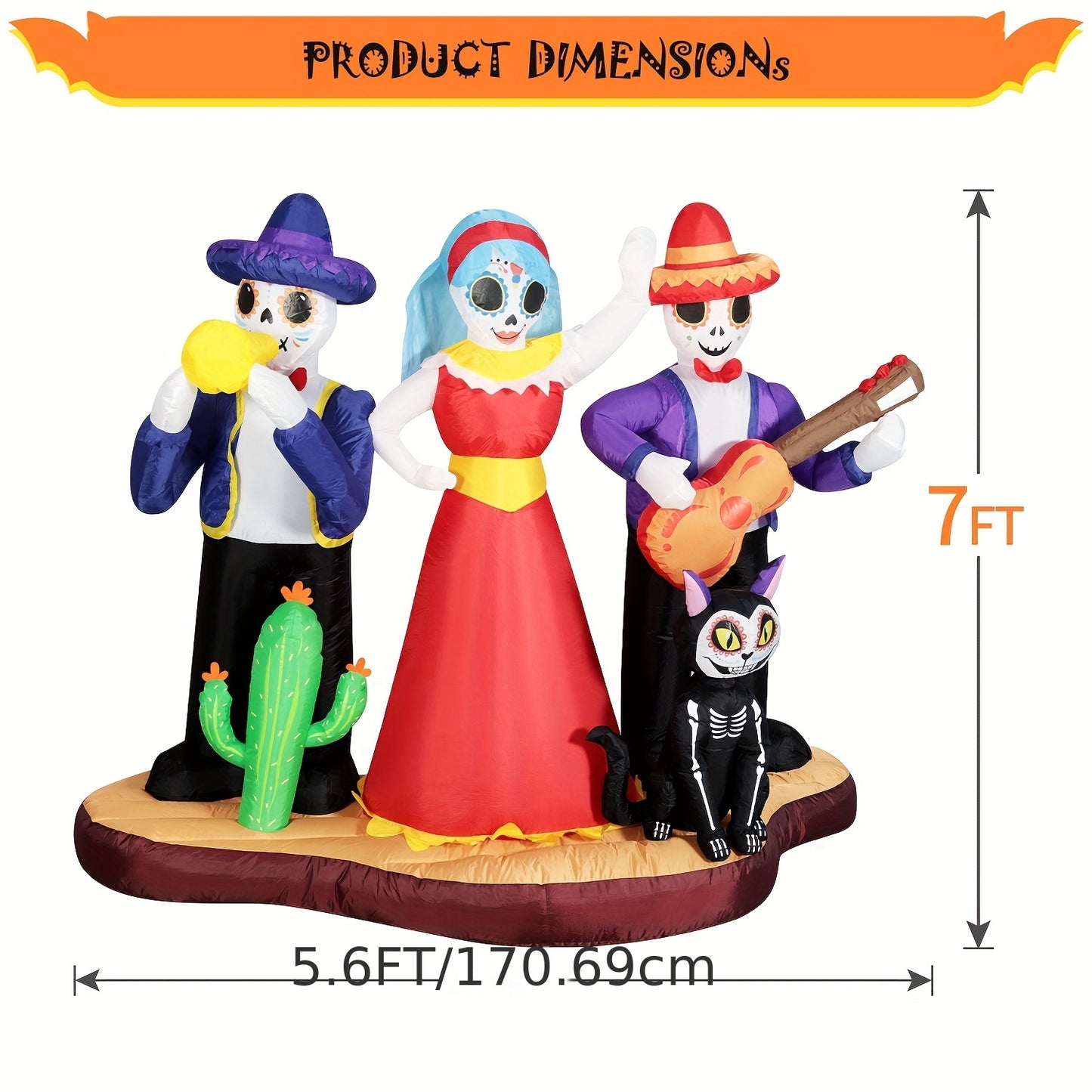 Halloween Inflatable Blow Up Decorations, De Los Muertos 7FT Day Of Dead Catrina Sugar Skull Band With Black Cat, Built-in LEDs For Holiday Party, Garden, Lawn, Yard, Patio Décor