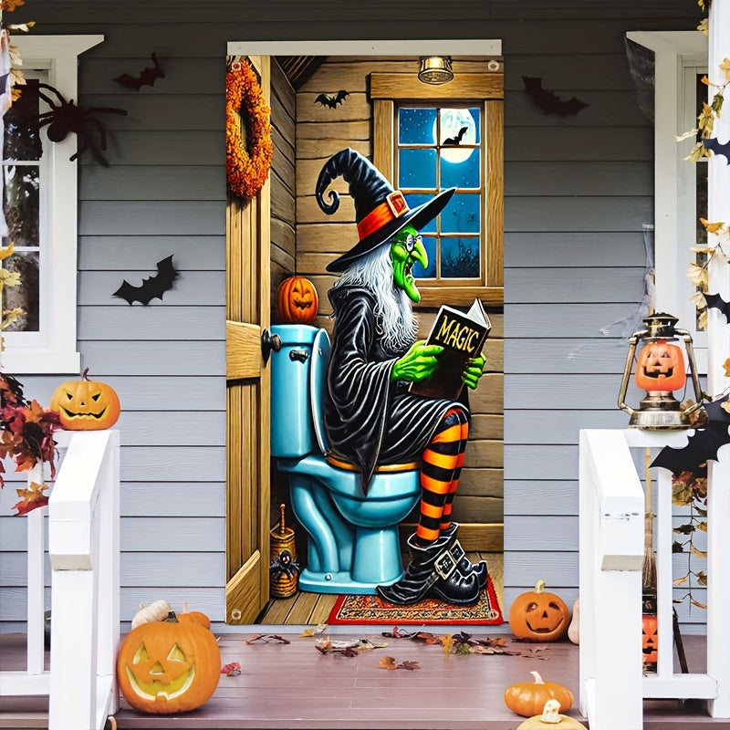 Scary Green Witch Reading Toilet Halloween Door Cover - Durable Polyester, Indoor/Outdoor Party Decor, 35.43 x 70.86 Inch, Perfect for Entrance & Garden