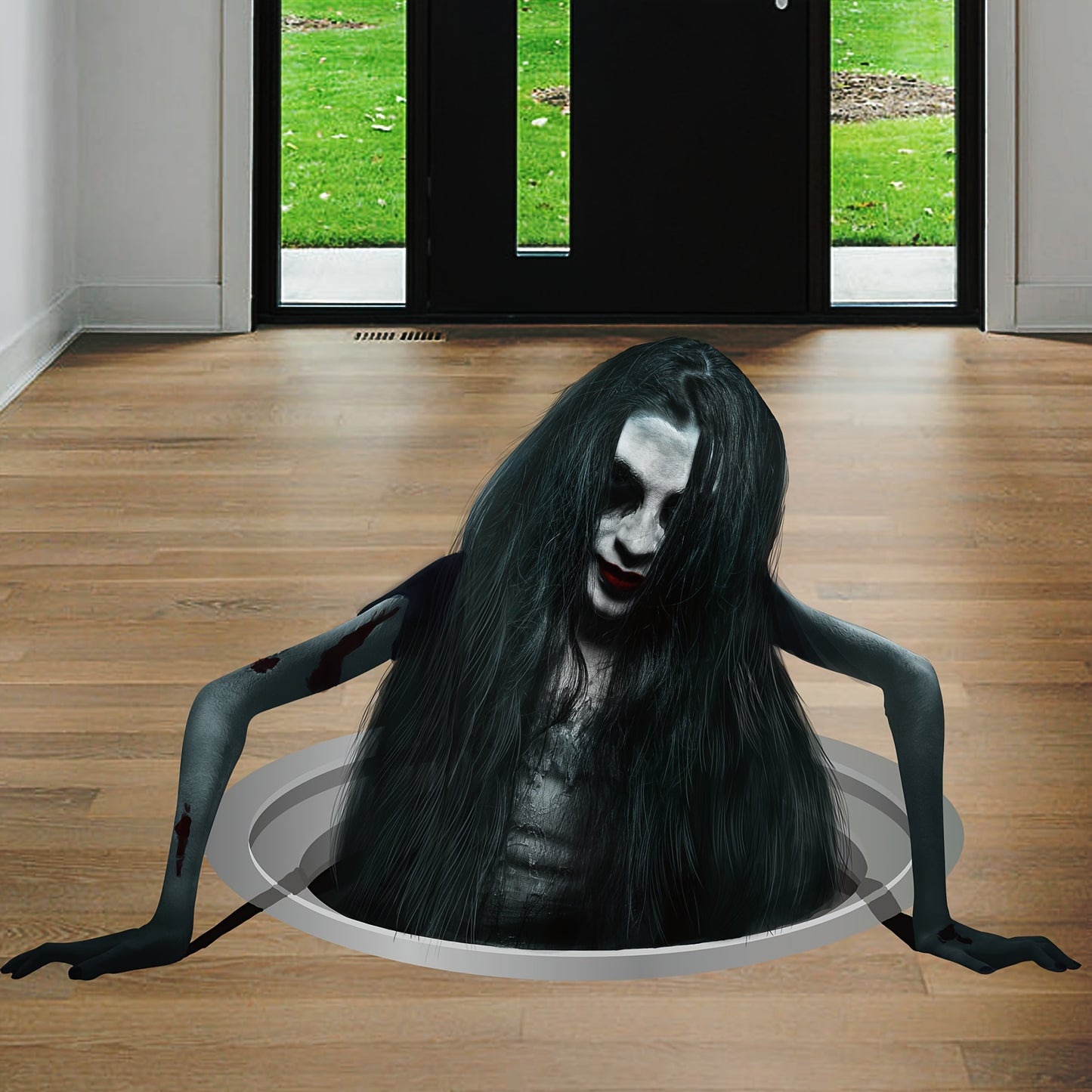 Halloween Floor Decal with Scary Long-Haired Woman Graphic – PVC, Non-Feathered, General Fit for Festive Home Decor, No Electricity Required