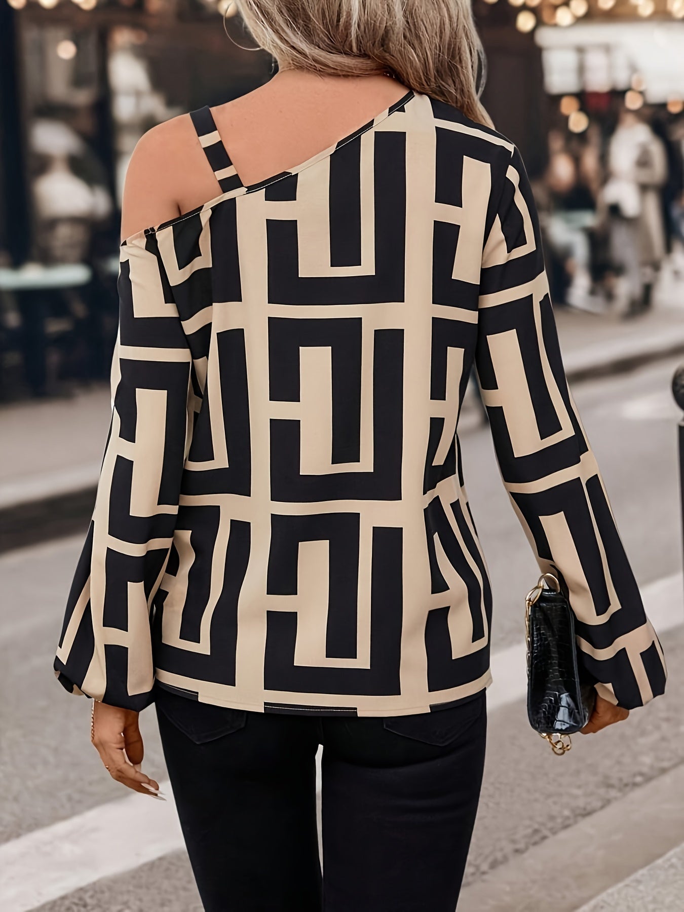 Elegant Geometric Print Blouses & Shirts Women 2024 Autumn New Skew Neck Off Shoulder Long Sleeve Pullover Top Casual Streetwear