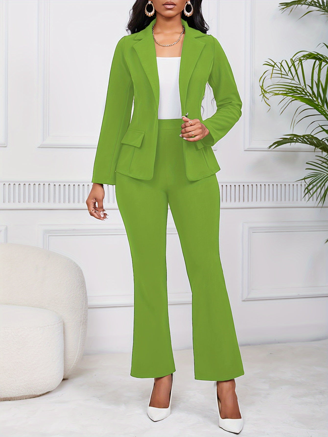 Elegant Two-piece Suit Set, Button Front Long Sleeve Lapel Blazer & Bootcut Suit Pants Outfits, Women's Clothing