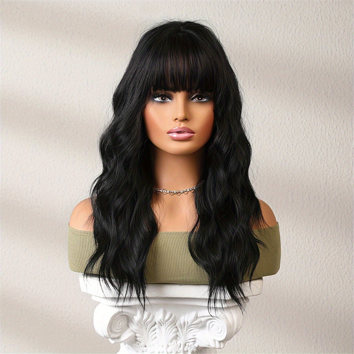 Long Curly Wavy Wig With Bangs Synthetic Wig Beginners Friendly Heat Resistant Elegant Natural Looking For Daily Use Wigs For Women