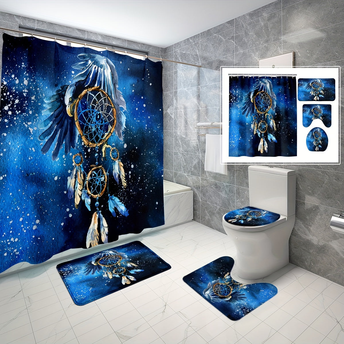 Dream Catcher and Feathers Patterned Shower Curtain Set with 12 Hooks, Water-Resistant Polyester Fabric, Includes Non-Slip Bath Mat, Toilet Lid Cover, and U-Shaped Rug, Decorative Tub Divider Curtain for Modern Home Bathroom Decor - Machine Washable