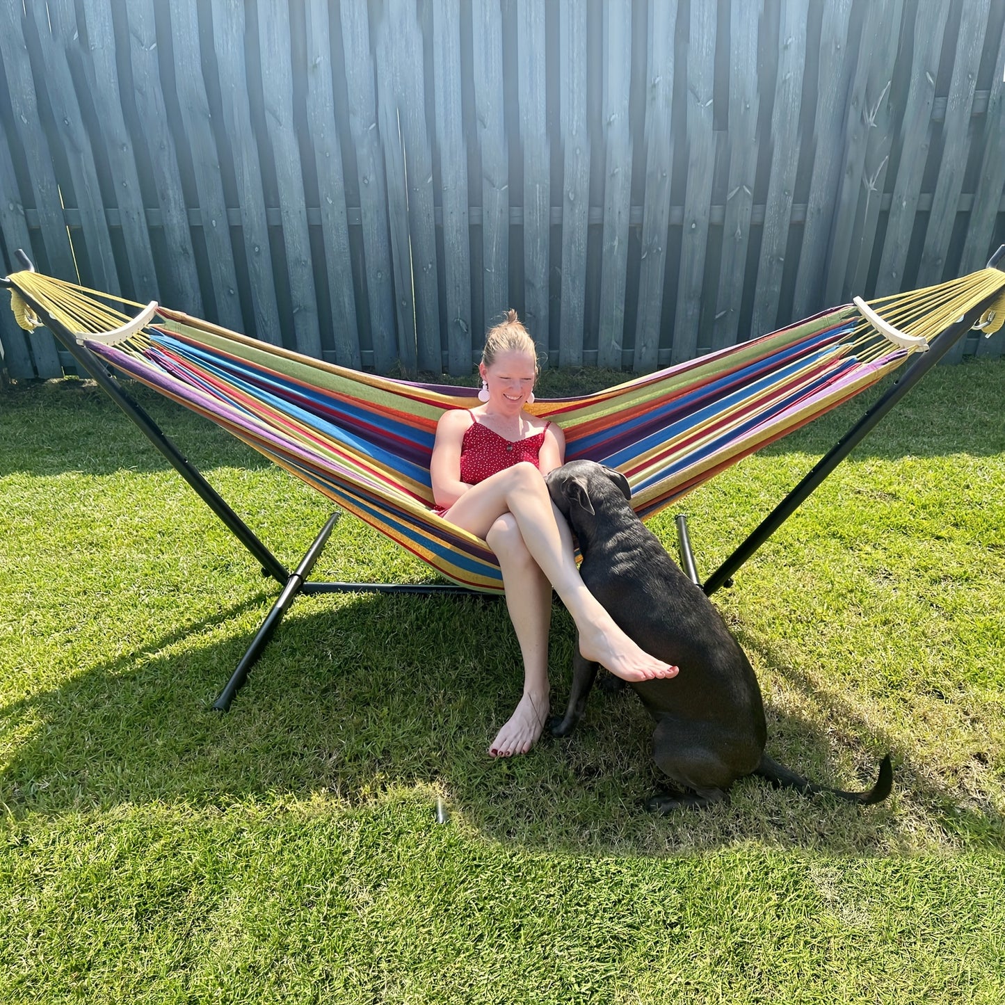 Double Hammock With Stand Included 450lb Capacity Steel Stand, Premium Carry Bag Included And Two Anti Roll Balance Beam