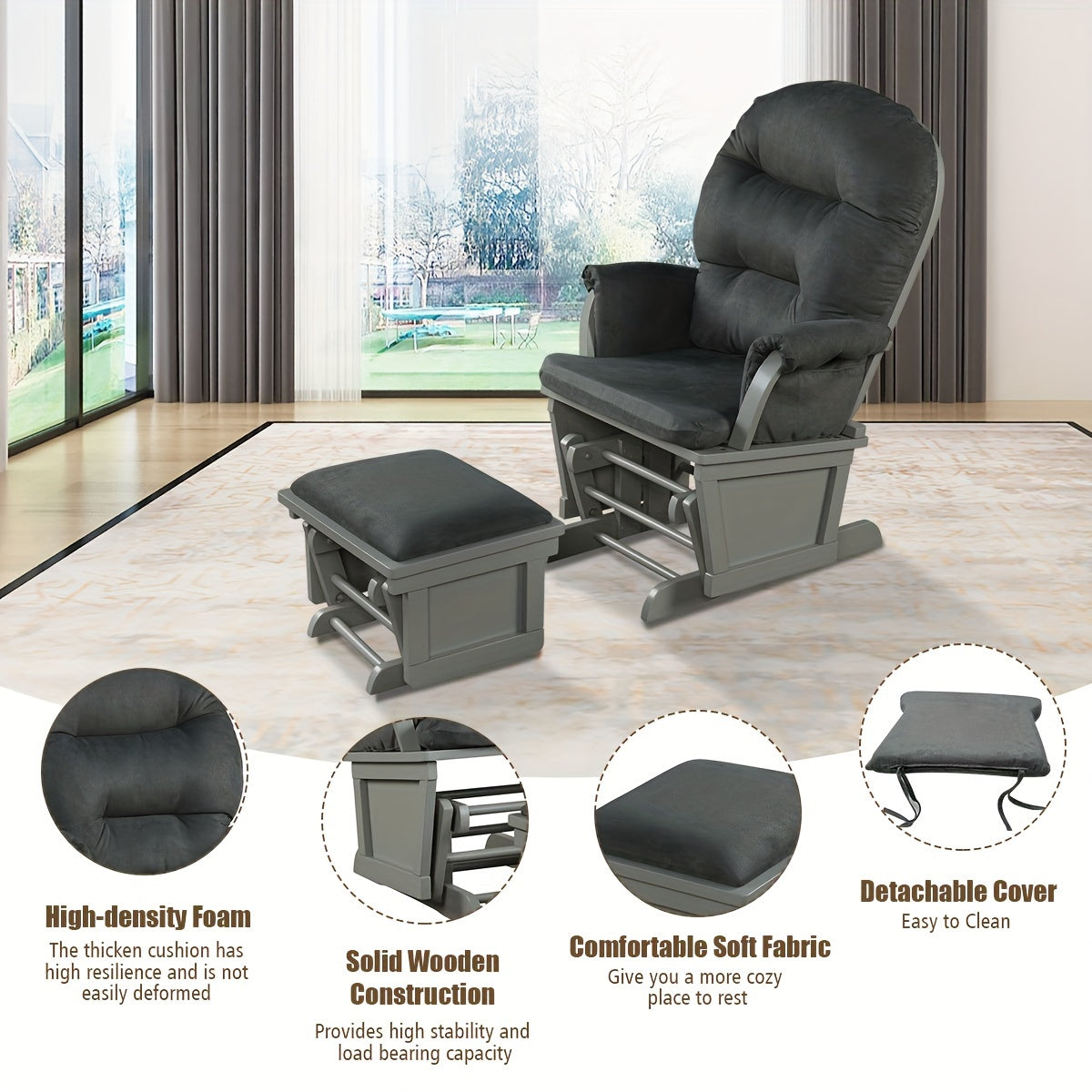 t Tuscany Custom Glider and Ottoman with Free Lumbar Pillow (Black/Grey) - Cleanable Upholstered Comfort Rocking Nursery