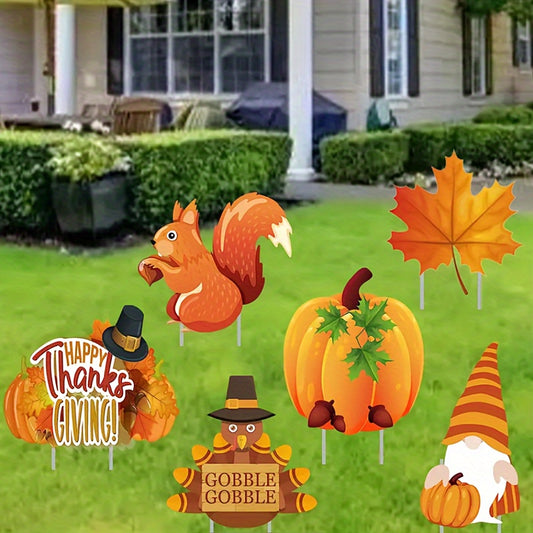 Festive Thanksgiving Yard Signs: 6-Piece Autumn Lawn Decoration Set - Maple Leaf, Squirrel, Turkey, Dwarf, Pumpkin, and Gnome - Corrugated Outdoor Decorations for Thanksgiving and Fall