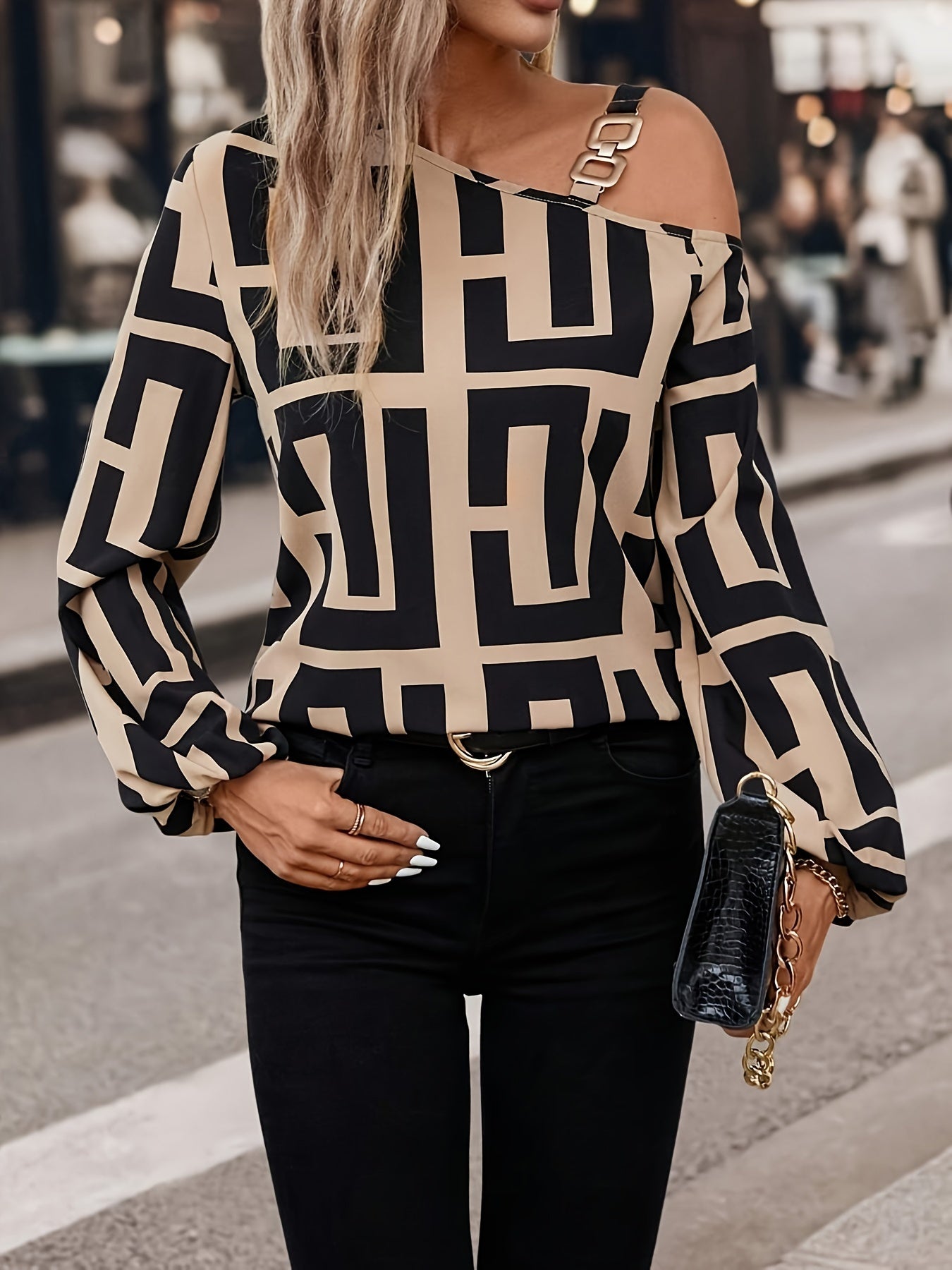 Elegant Geometric Print Blouses & Shirts Women 2024 Autumn New Skew Neck Off Shoulder Long Sleeve Pullover Top Casual Streetwear