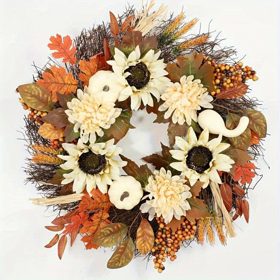 Charming Autumn Sunflower & Pumpkin Wreath - Rustic Farmhouse Style, Perfect for Thanksgiving Front Door Decor