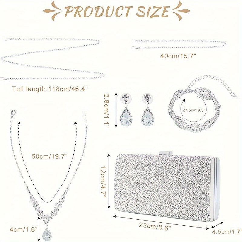 Fashion Silver Rhinestone Clutch Purse with Detachable Strap and Jewelry Set – Polyester Evening Bag with Buckle Closure, 4 Piece Accessory Set for Bridal Prom Party Including Crystal Earrings, Necklace, and Bracelet