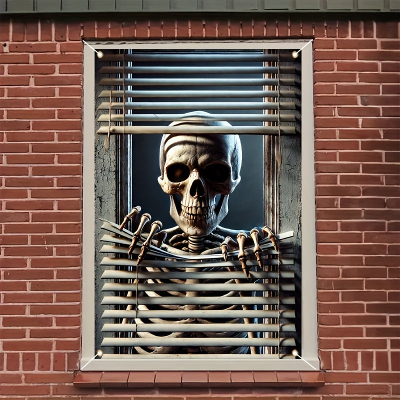 HEGO Spooky Skeleton Window Banner - Halloween Scary Decor, Durable Polyester, Perfect for Indoor/Outdoor Creepy Haunted House Theme, 31.49 x 4.72 inches