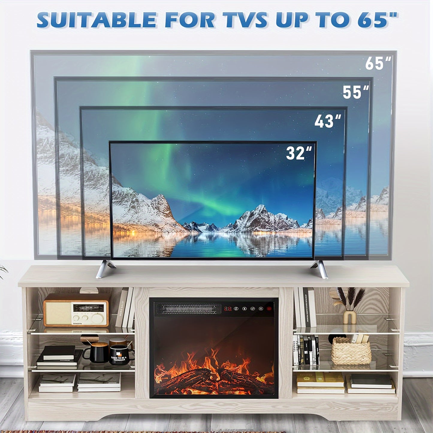 Fireplace TV Stand with 18''Fireplace, Modern Entertainment Center for TVs up to 65 inch, Media TV Console, Farmhouse TV Stand