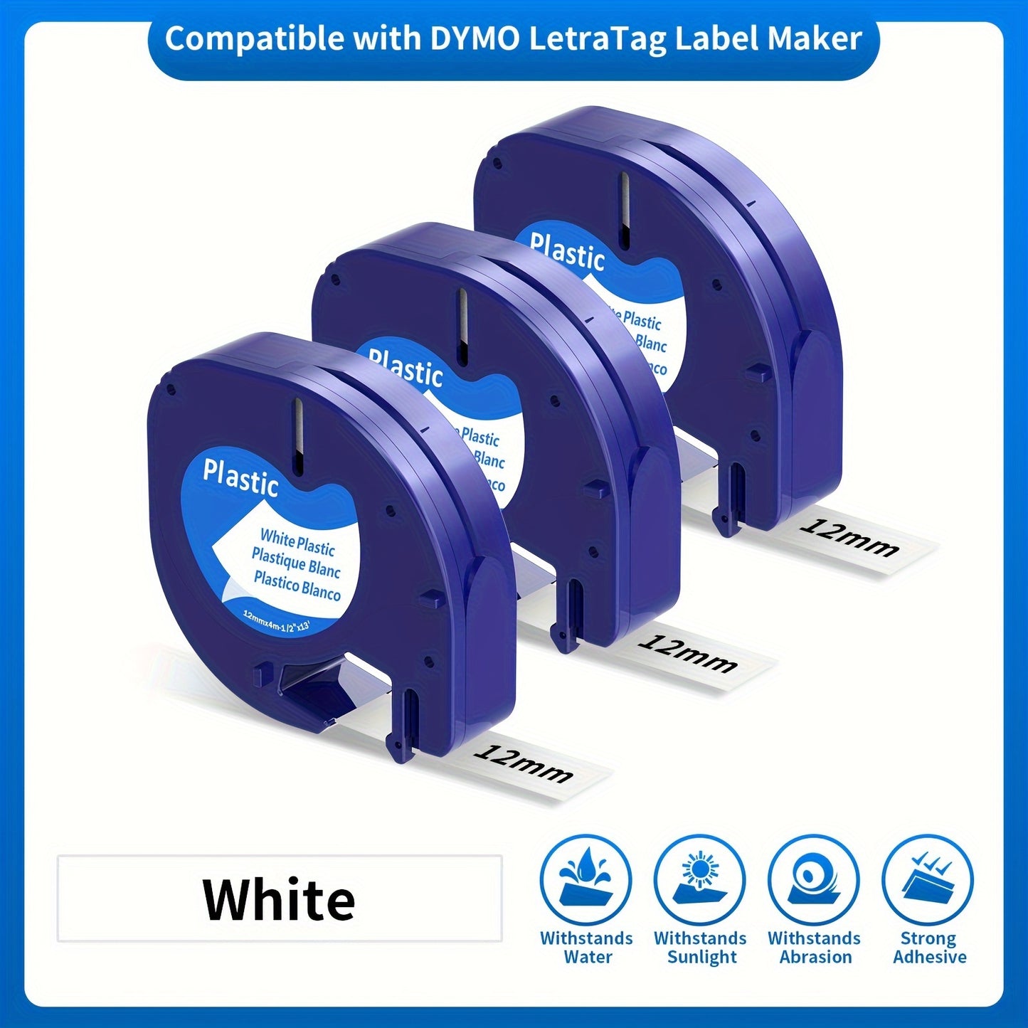 Replacement For DYMO LetraTag Refills 91331 (S0721660) White Plastic Label Tape 12mm X 4m (1/2" X 13') For Dymo Letratag LT-100H LT-100T 200B QX50 (Black On White, 3pcs)