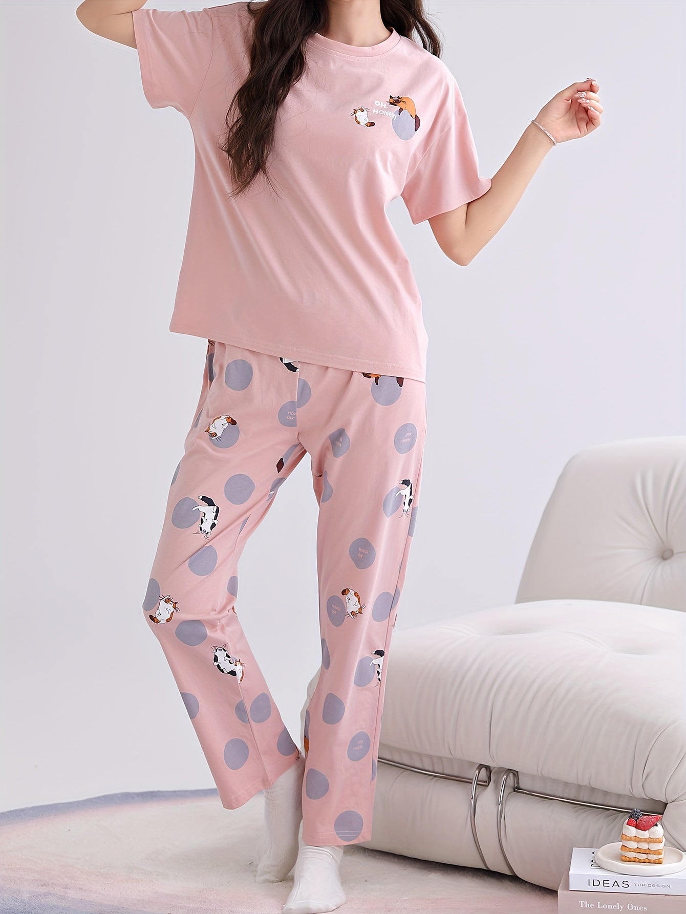 Cute Cat & Dot & Letter Print Lounge Set, Short Sleeve Round Neck Top & Elastic Pants, Women's Loungewear