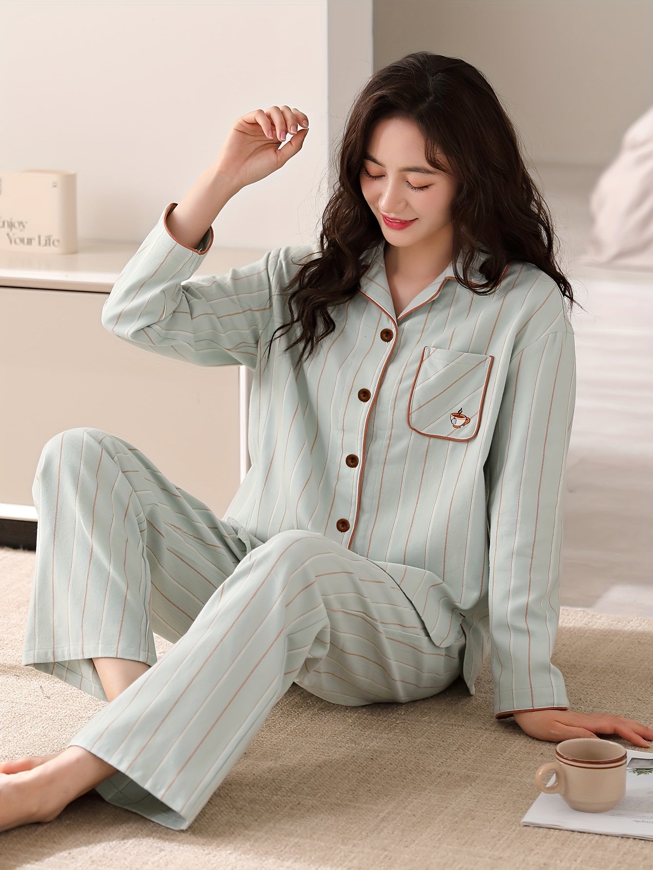 Women's Casual Solid Loose Fit Pajama Set, Long Sleeve Buttons Lapel Pocketed Top & Pants, Comfortable Relaxed Fit, Summer Nightwear