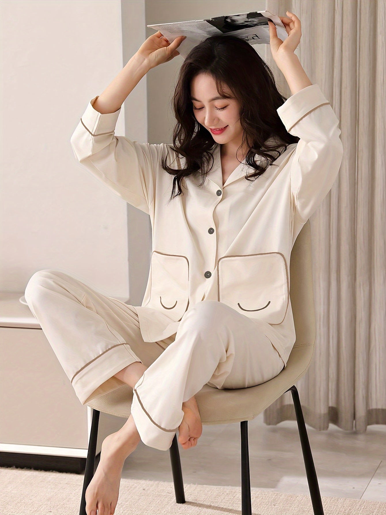 Women's Casual Solid Loose Fit Pajama Set, Long Sleeve Buttons Lapel Pocketed Top & Pants, Comfortable Relaxed Fit, Summer Nightwear