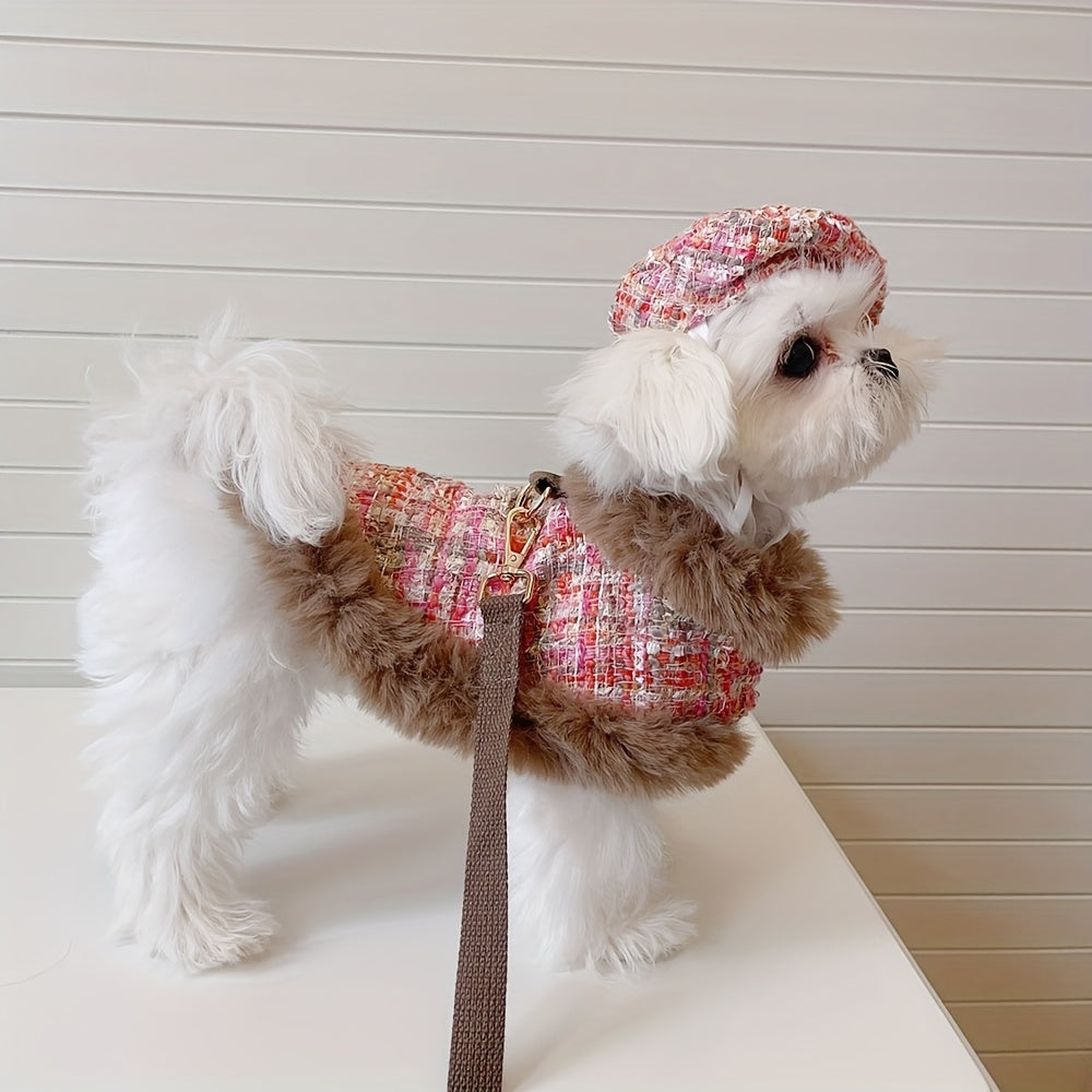 Luxury Dog Clothes, Spring And Autumn Plaid Cape With Leash And Beret Set For Dog, Coat Basic And Chic Tweed Fabric, Chest Adjustable, Pet Clothes